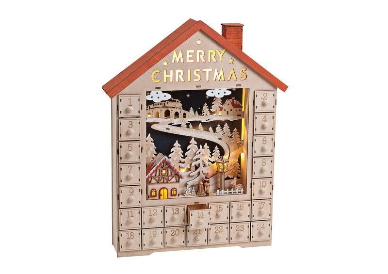 Adventskalender mit Beleuchtung, Haus aus Holz, B38 x T9 x H49 cm