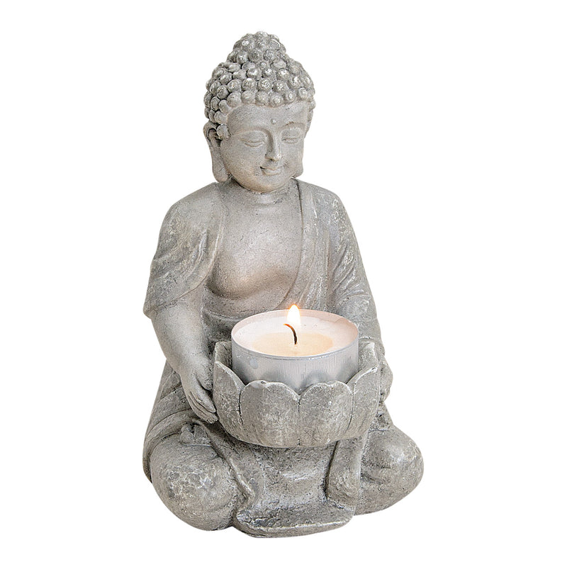 Buddha mit Teelichthalter in grau aus Poly, B9 x T8 x H14 cm