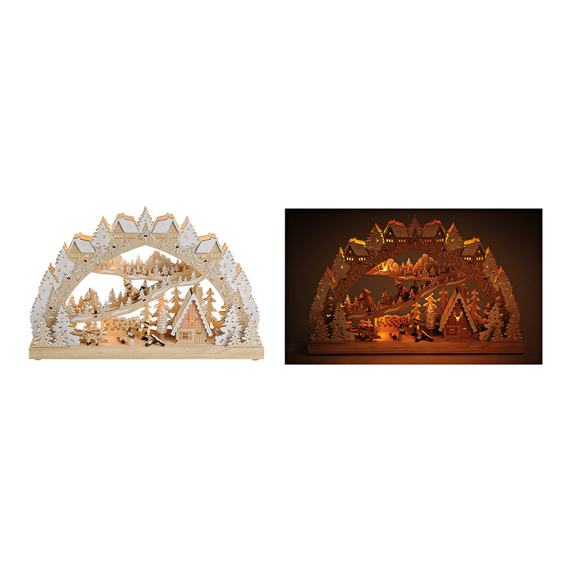 Schwibbogen Kinder im Winterwald mit LED Beleuchtung aus Holz, Beige mit Glitter  (B/H/T) 45x28x8cm