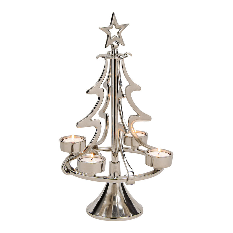 Teelichthalter, Adventsgesteck Tannenbaum aus Metall für 4er Teelicht  Silber (B/H/T) 20x40x20cm