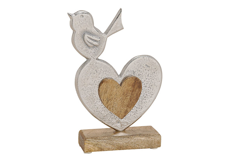 Aufsteller Vogel auf Herz aus Metall, Mango Holz Sockel, Silber, braun (B/H/T) 14x22x5cm