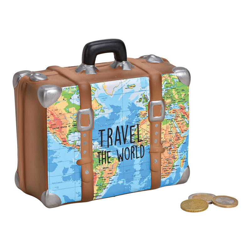 Spardose Koffer Landkarte Travel The World aus Keramik Blau, braun (B/H/T) 14x13x6cm