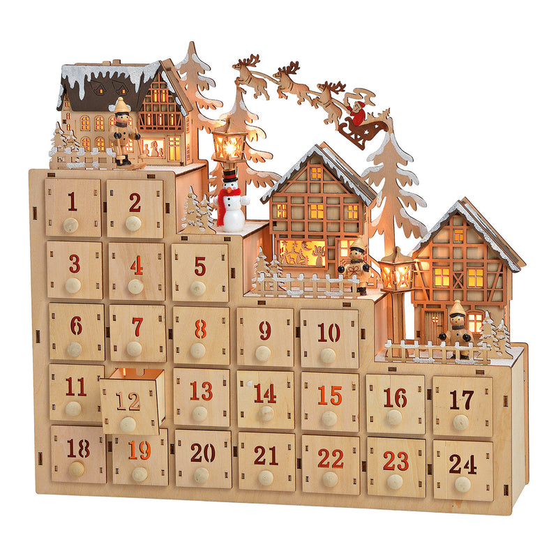 Adventskalender Winterszene mit Beleuchtung aus Holz (B/H/T) 38x34x10cm