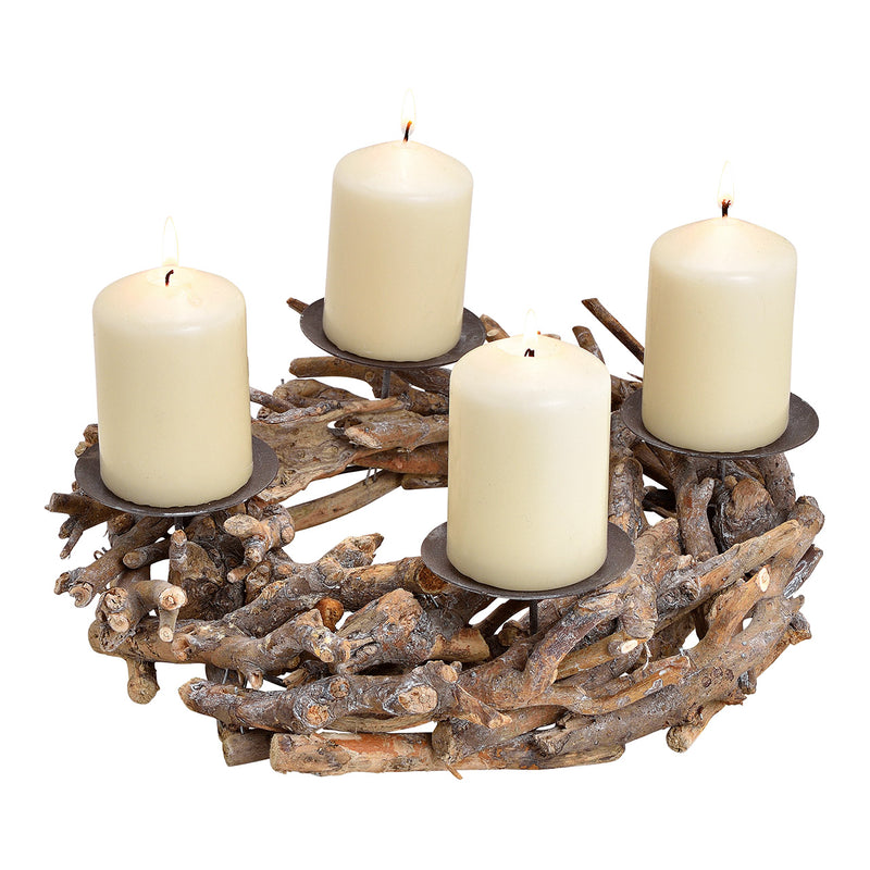 Kerzenhalter Adventsgesteck, Adventskranz aus Holz, Metall Natur (B/H/T) 30x8x30cm