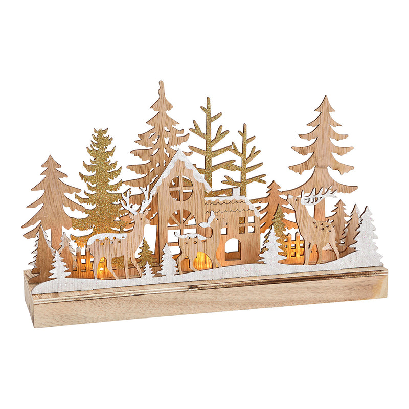 Winterszene Winterwald mit LED Beleuchtung aus Holz Beige (B/H/T) 30x18x8cm