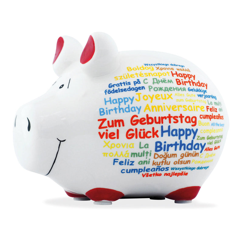 Spardose KCG Kleinschwein, Happy Birthday, International, aus Keramik (B/H/T) 12,5x9x9 cm