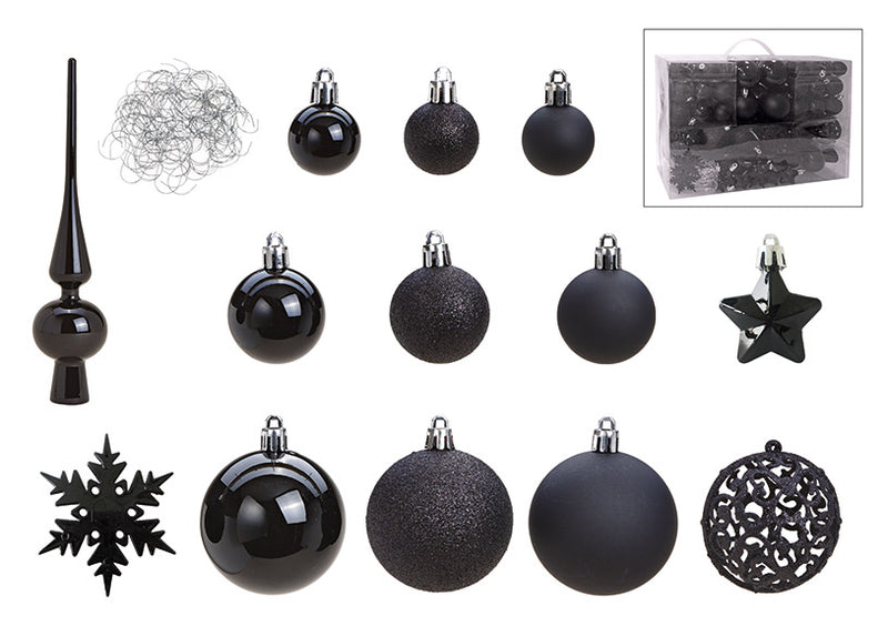 Weihnachtskugel-Set aus Kunststoff Schwarz 111er Set, (B/H/T) 36x23x12cm Ø 3/4/6 cm