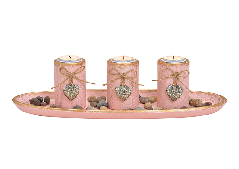 Teelichthalter mit Dekosteinen aus Holz Pink/Rosa Set, (B/H/T) 39x12x15cm