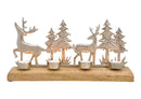 Adventsgestcke, Teelichthalter für 4er Teelichter, Winterwald Dekor aus Metall auf Holzsockel Silber (B/H/T) 40x20x10cm