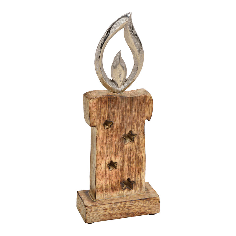 Aufsteller Kerze mit Metall Flamme aus Holz Braun (B/H/T) 10x27x5cm