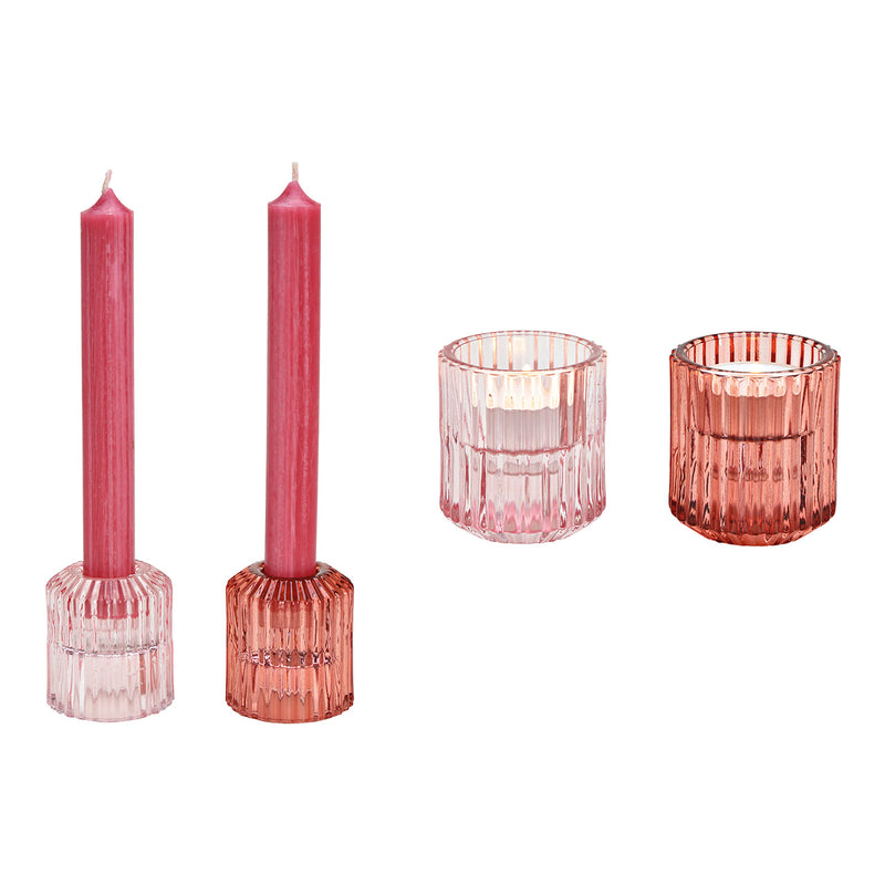 Teelichthalter, Kerzenhalter Doppelfunktion aus Glas Pink/Rosa 2-fach, (B/H/T) 5x6x5cm