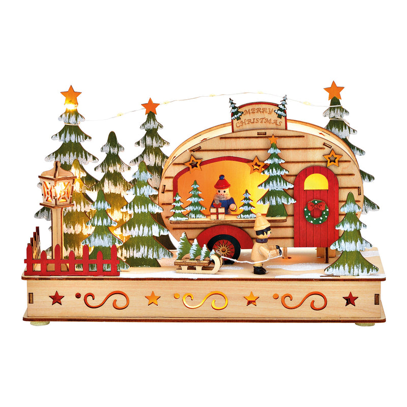 Winterszene Weihnachtswagen 15er LED aus Holz Bunt (B/H/T) 28x18x10cm