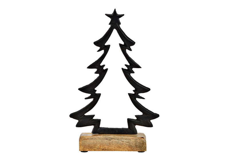 Aufsteller Tannenbaum auf Mangoholz Sockel aus Metall Schwarz (B/H/T) 17x27x5cm