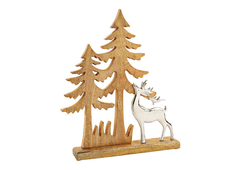 Aufsteller Tannenbaum mit Metall Hirsch Dekor,  aus Mangoholz Natur (B/H/T) 33x40x6cm