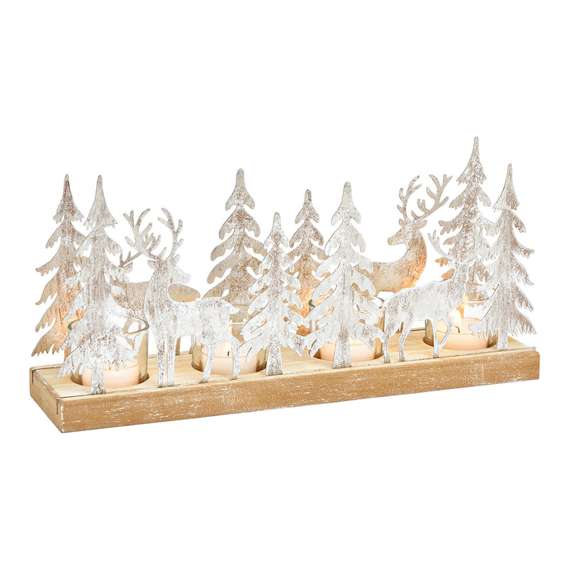 Adventsgesteck aus Holz/Metall/Glas, Hirsch Winterwald Dekor, Silber (B/H/T) 33x16x9cm