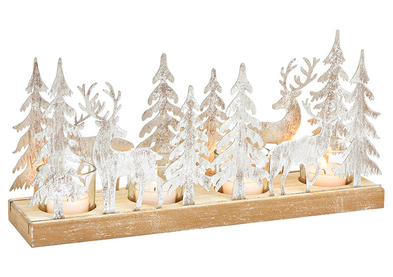 Adventsgesteck, Teelichthalter Hirsch Winterwald aus Holz/Metall/Glas Silber (B/H/T) 33x16x9cm