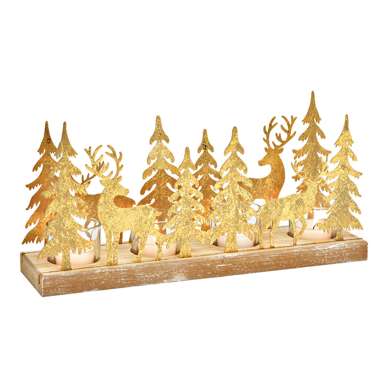 Adventsgesteck mit Teelichthalter im Winterwald Design aus Holz/Metall/Glas, Gold (B/H/T) 33x16x9cm