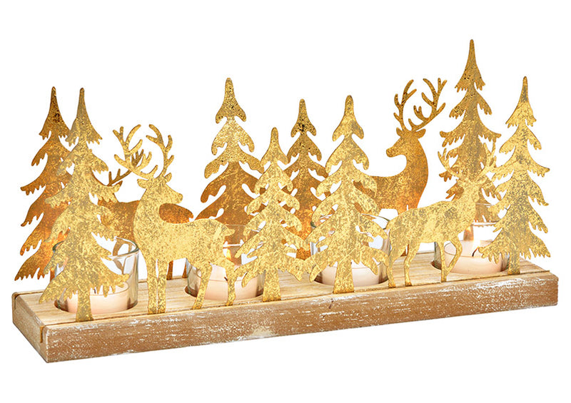 Adventsgesteck, Teelichthalter Hirsch Winterwald aus Holz/Metall/Glas Gold (B/H/T) 33x16x9cm