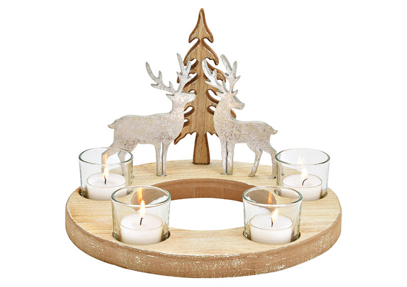 Adventskranz, Teelichthalter, Hirsch Dekor,  aus Holz, Glas Silber (B/H/T) 25x18x25cm