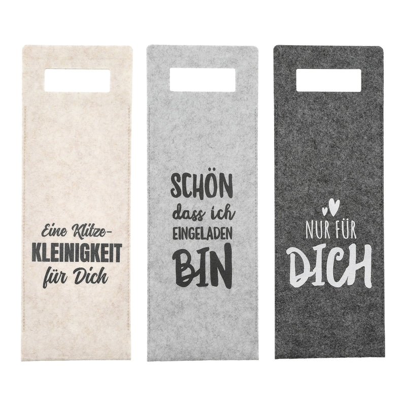 Flaschentasche mit Wein Spruch,  aus Filz Grau, Beige 3-fach, (B/H) 14x41cm