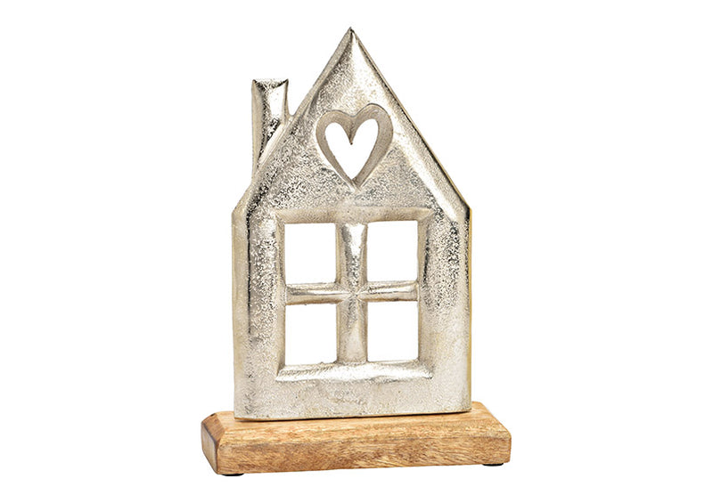 Aufsteller Haus, auf Mangoholz Sockel,  aus Metall silber (B/H/T) 15x22x5cm