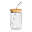 Trinkglas mit Bambusdeckel und Glasstrohhalm aus Glas transparent (B/H/T) 7x12x7cm, 350ml