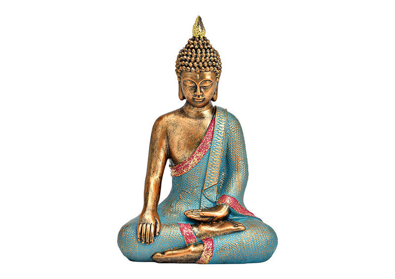 Buddha aus Poly türkis, gold (B/H/T) 15x22x10cm