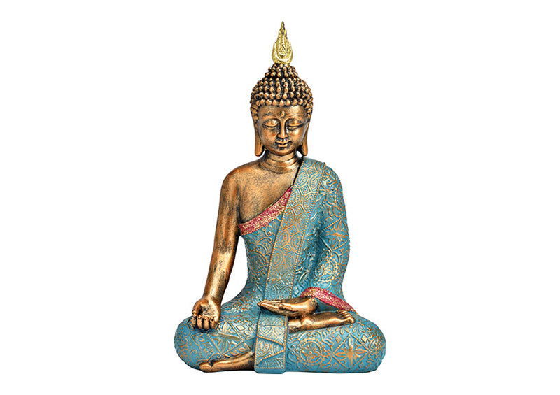 Buddha aus Poly türkis, gold (B/H/T) 19x30x11cm