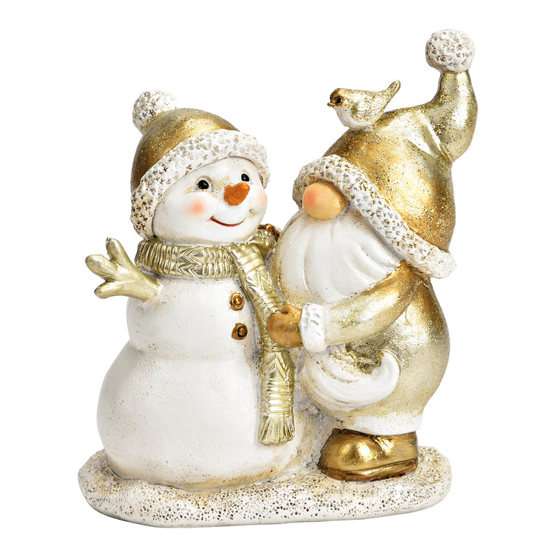 Wichtel mit Schneemann aus Poly gold (B/H/T) 10x12x6cm