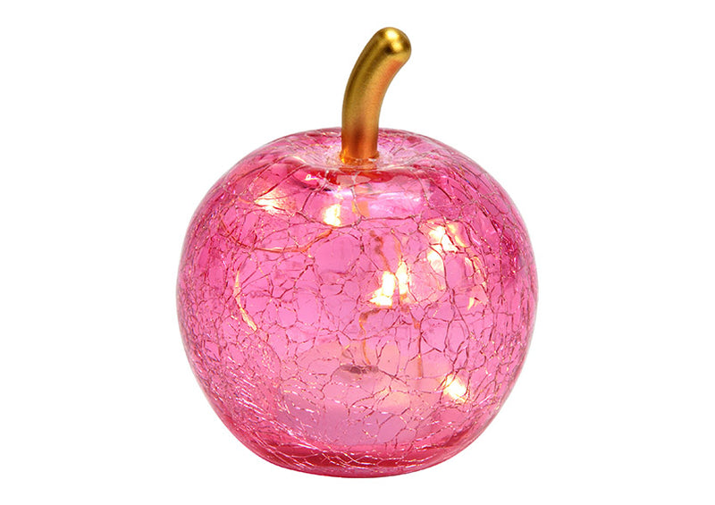 Apfel mit 5er LED aus Glas pink/rosa (B/H/T) 7x9x7cm mit Timer, Batteriebetrieb CR2032 nicht enthalten