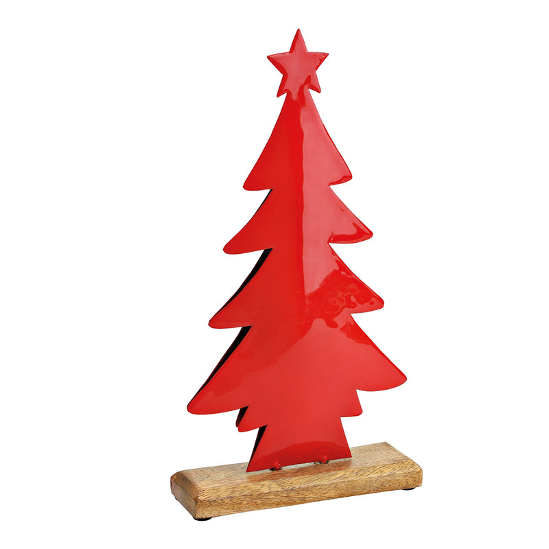 Aufsteller Tannenbaum auf Mangoholzsockel aus Metall rot (B/H/T) 15x29x5cm