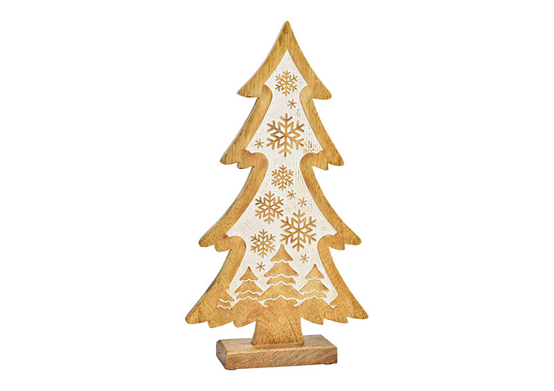 Aufsteller Tannenbaum, Schneeflocke Dekor aus Mangoholz natur, weiß (B/H/T) 23x42x6cm