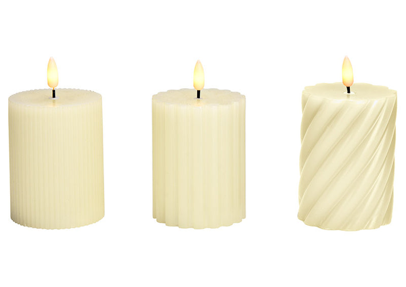 Kerze LED warm weiß Docht Flamme, 2xAAA nicht Inkl. aus Wachs elfenbein 3-fach, (B/H/T) 7x9x7cm