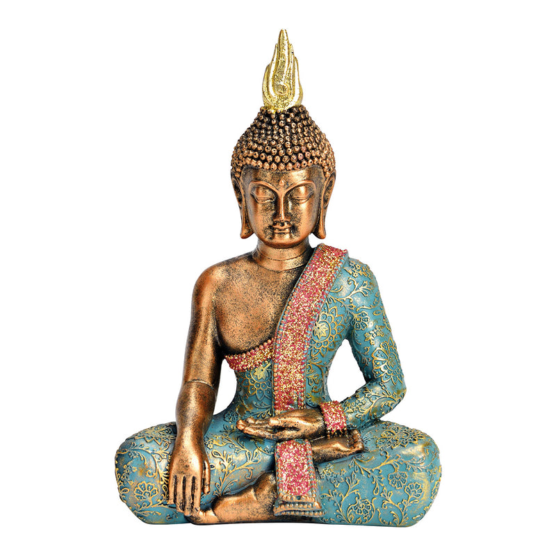 Buddha aus Poly türkis, gold (B/H/T) 13x21x8cm