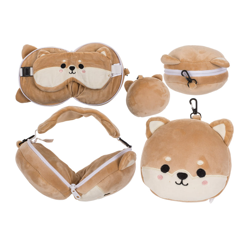 Kinder Plüsch Reisekissen mit Augenmaske Shiba Inu, aus Textil braun (B/H/T) 14x15x9cm