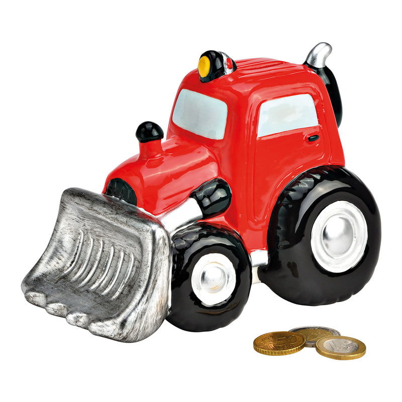 Spardose Traktor mit Schaufel aus Keramik rot (B/H/T) 16x12x11cm