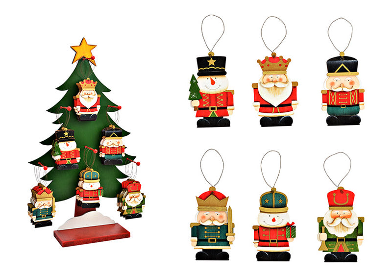 Weihnachtshänger Nussknacker mit Nikolaus, Schneemann motiv 7x12x0,5cm auf Baumständer 34x59x12cm aus Holz bunt 6-fach