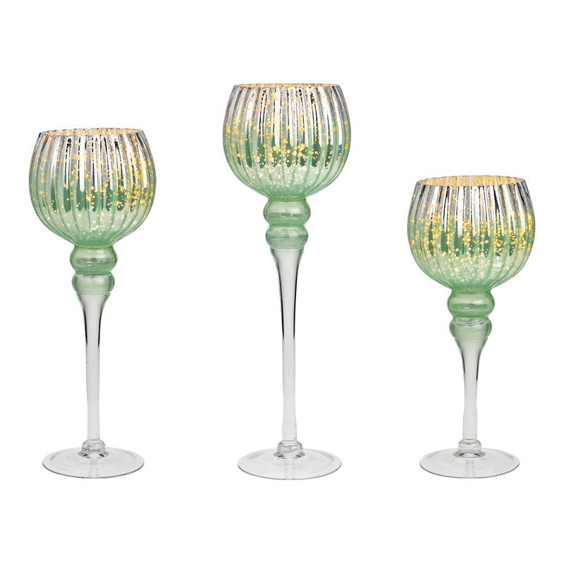 Windlicht Set Kelch auf Fuß 3-er Set, aus Glas mint (H) 30cm, 35, 40cm x Ø13cm