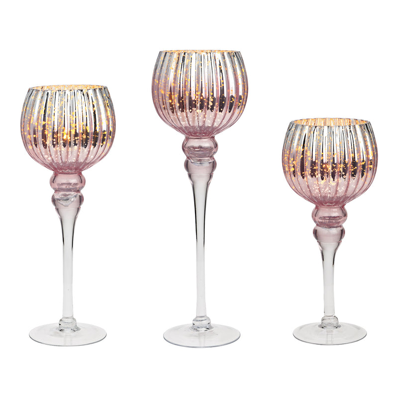 Windlicht Set Kelch auf Fuß 3-er Set, aus Glas pink/rosa (H) 30,35,40cmxØ13cm