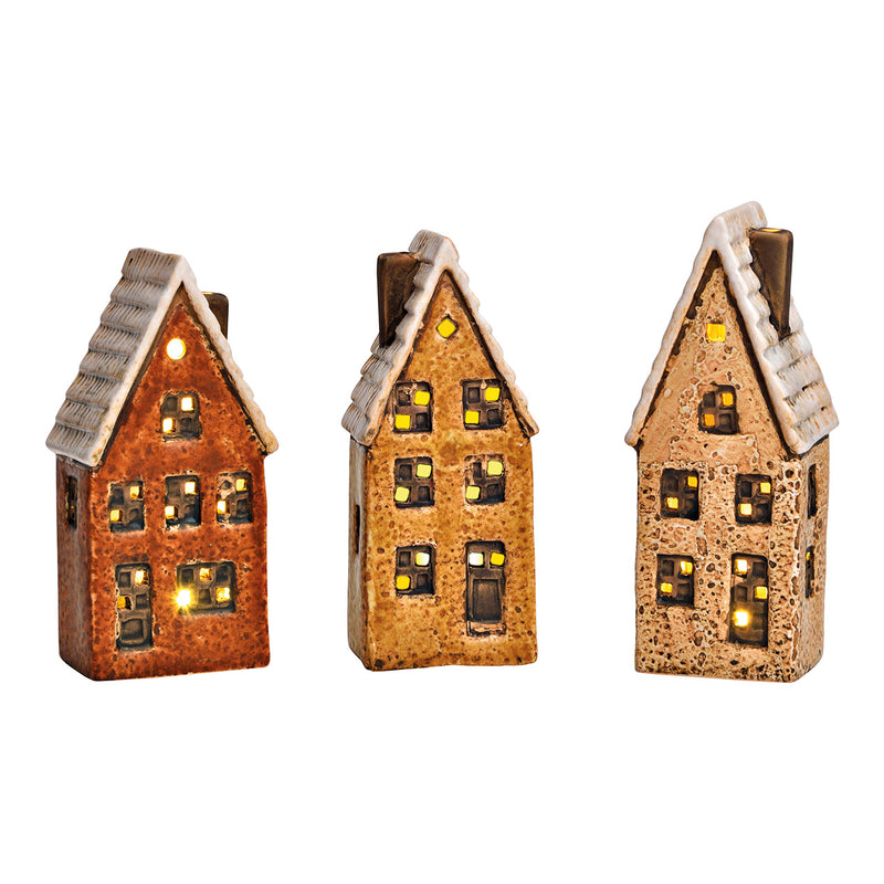 Lichthaus, Stadthaus exklusive 2xLR44 aus Steingut natur 3-fach, (B/H/T) 6x16x5cm