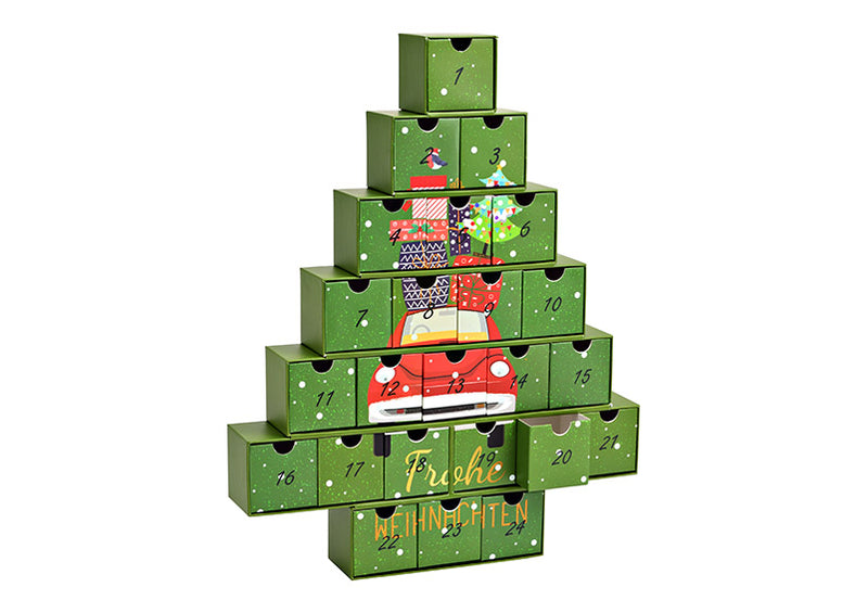 Adventskalender Tannenbaum mit Auto 24 Boxen 6x6x6cm aus Papier/Pappe grün (B/H/T) 38x48x6cm