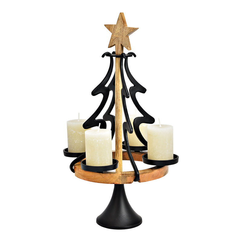 Adventskranz Tannenbaum aus Metall/Mangoholz, Schwarz (B/H/T) 33x58x33cm