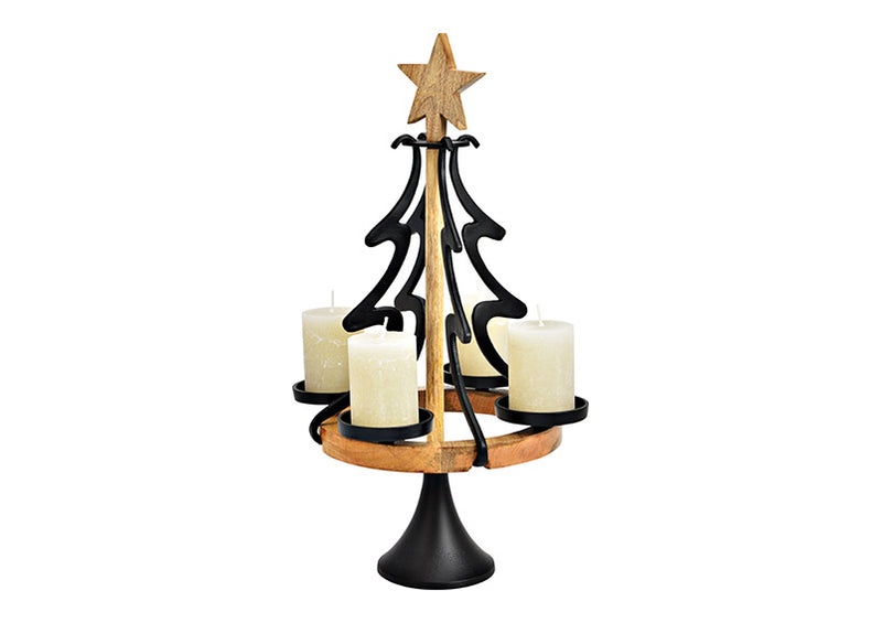 Adventsgesteck, Tannenbaum f. 4er Kerzen 8cm, aus Metall, Mangoholz schwarz (B/H/T) 33x58x33cm