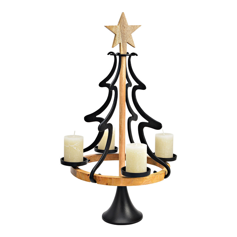 Adventskranz Tannenbaum aus Metall/Mangoholz, Schwarz (B/H/T) 43x75x43cm