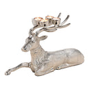 Adventsgesteck, Teelichthalter liegender Hirsch aus Metall, Silber (B/H/T) 45x27x18cm