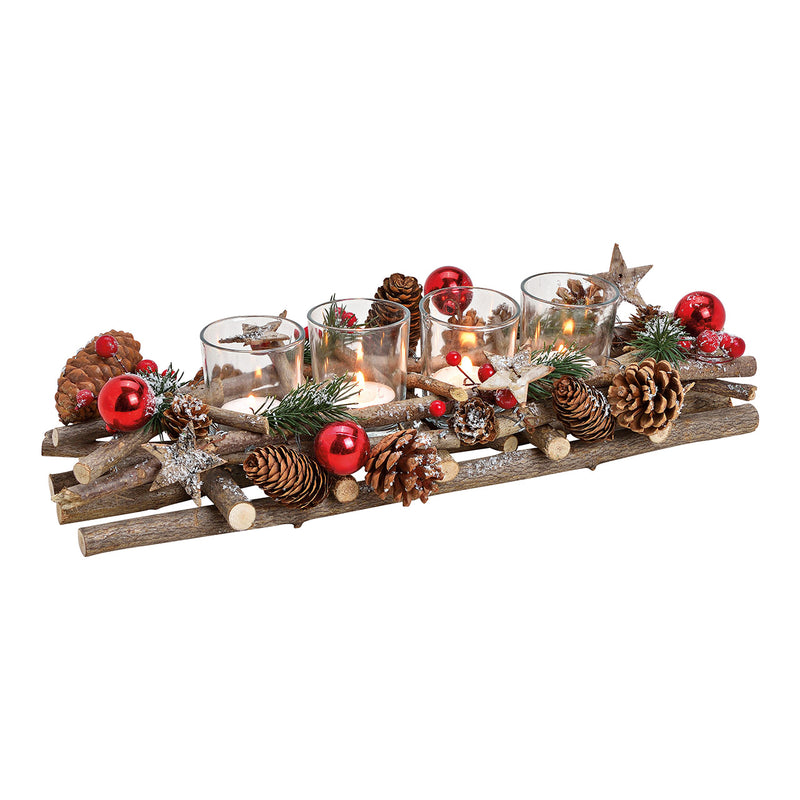 Adventsgesteck aus Holz/Glas, Braun, Silber, Rot  (B/H/T) 40x10x17cm