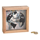 Spardose travel the world aus Holz, Glas, braun (B/H/T) 15x15x5cm