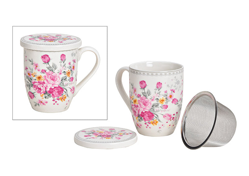 Tasse Rosendekor mit Deckel und Metallsieb aus Porzellan Pink/Rosa (B/H/T) 12x12x9cm 300ml