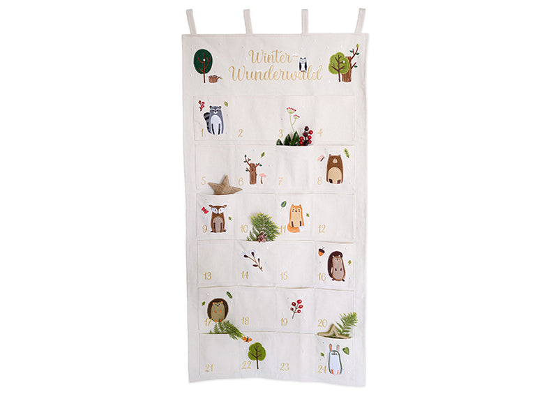 Adventskalender Waldtiere aus Baumwolle beige (B/H) 60x120cm, Tasche 13x14cm, hochwertige Bestickung, Schlaufen zum Aufhängen