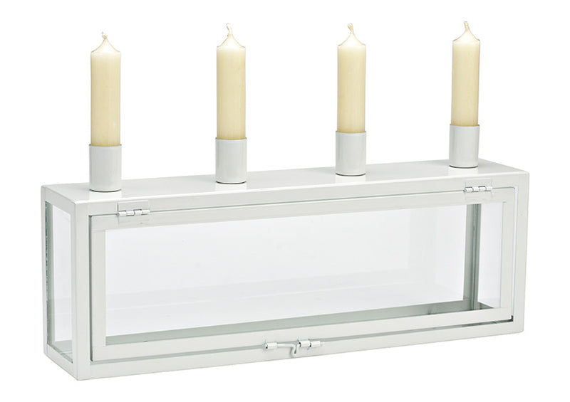 Adventskranz, Kerzenhalter auf Box aus Metall/Glas weiß (B/H/T) 38x17x8cm